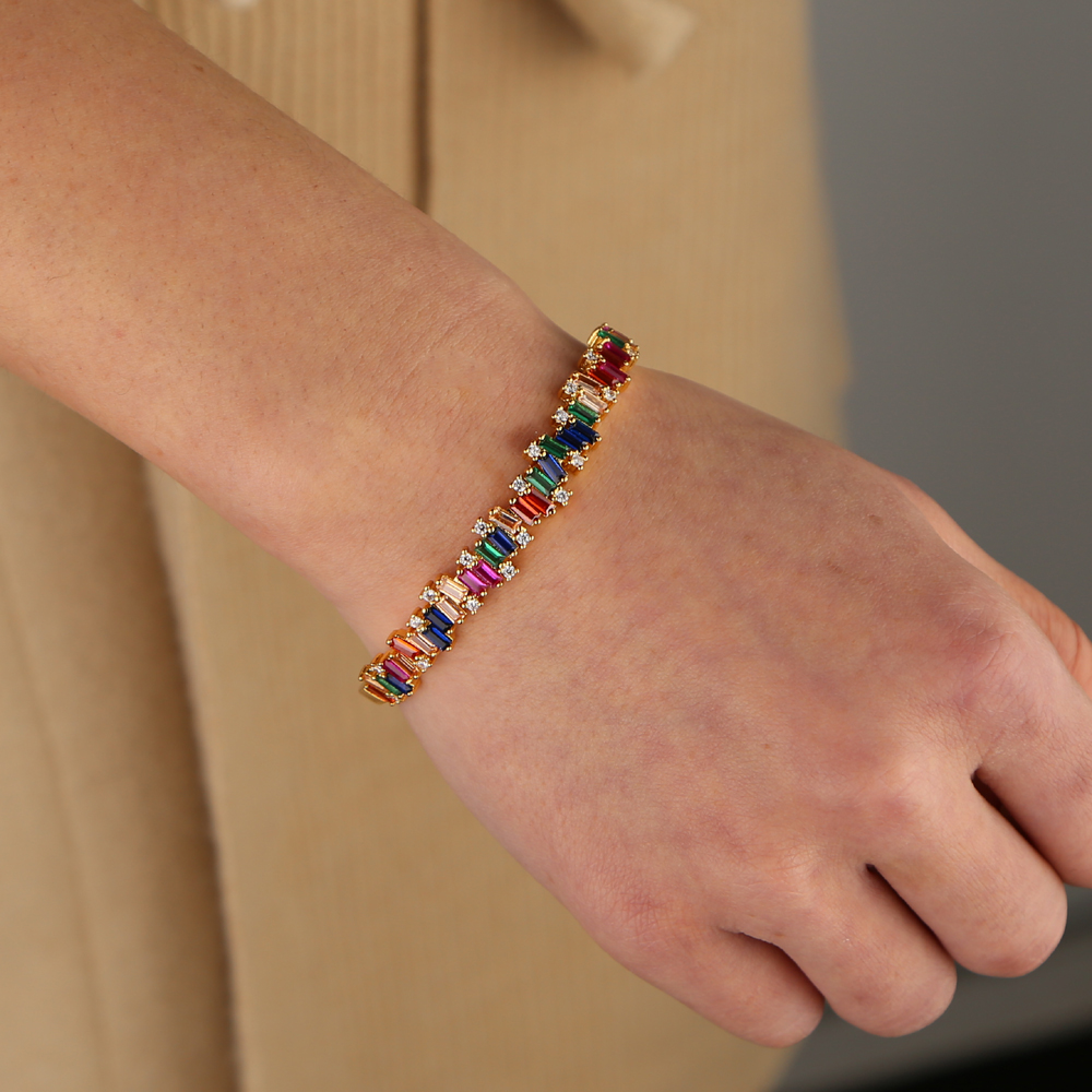 rainbow baguette cz band bangle bracelet for women colorful firework cz gorgeous women jewelry