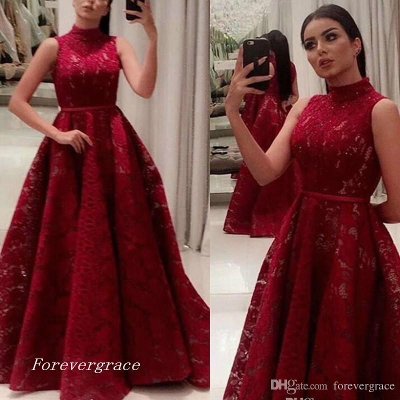 2019 Arabic Dark Red Lace Evening Dress Modest High Neck Zipper Long Formal Party Gown Custom Made Plus Size