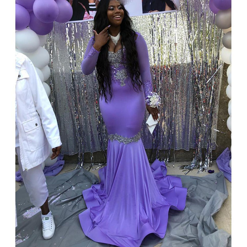 Purple Black Girls Prom Dress Long Sleeves Deep V Neck Lace Appliques Beads Sweep Train African Evening Party Dress