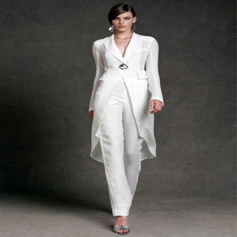 Cheap White Jumpsuit Mother Of The Bride Pant Suit With Outdoor coat Long SleevesV Neck Two Piece Groom Mom Evening Party Gowns 2020