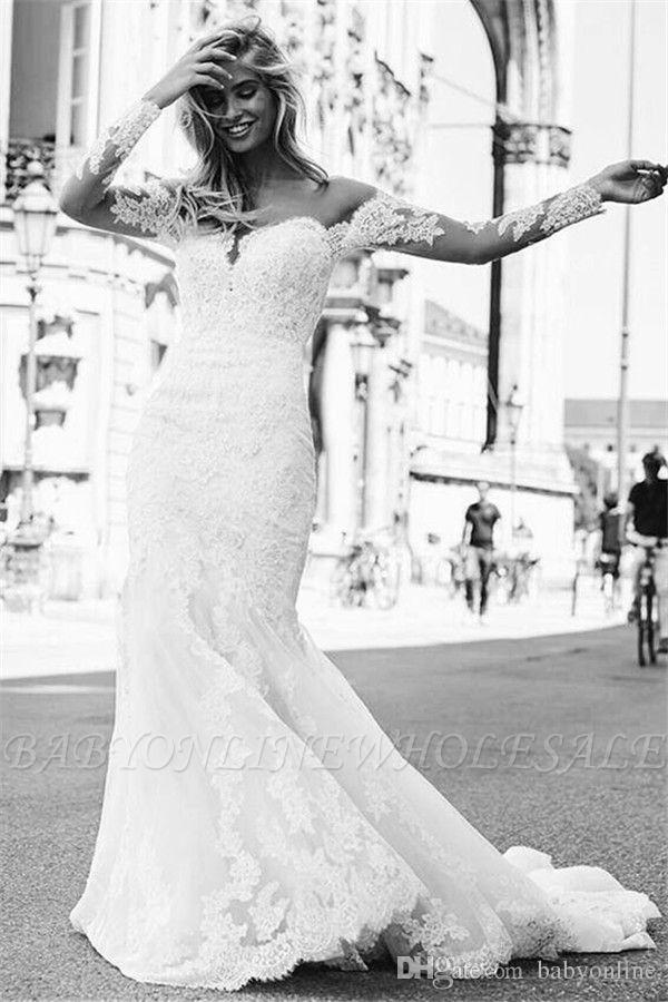 Elegant Romantic Lace Mermaid Dresses Off Shoulder Tulle Sheer Sleeve Appliqued Long Train Wedding Dress Bridal Gowns Bohemian