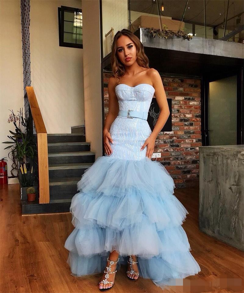 Blue High Sky Low Prom Dresses Sweetheart Neckline Tulle Sash Rhinestones Custom Made Mermaid Evening Party Gown Formal Ocn Wear