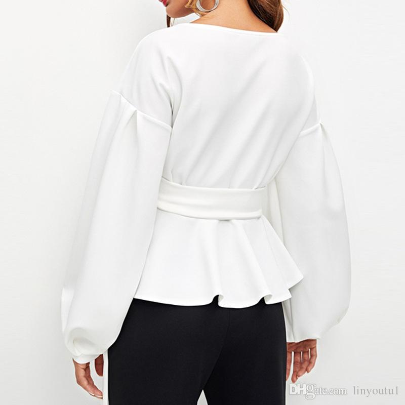 2020 White Office Lady Elegant Lantern Sleeve Off the Shoulder Solid Blouse Autumn Sexy Women Tops And Blouses