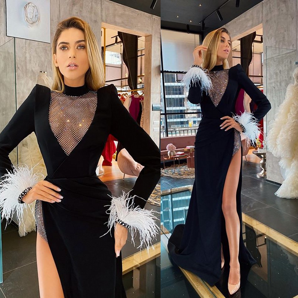 2020 Black Evening Dresses High Neck High Side Split Feather Mermaid Prom Dresses Custom Made Long Sleeve Formal Party Gowns