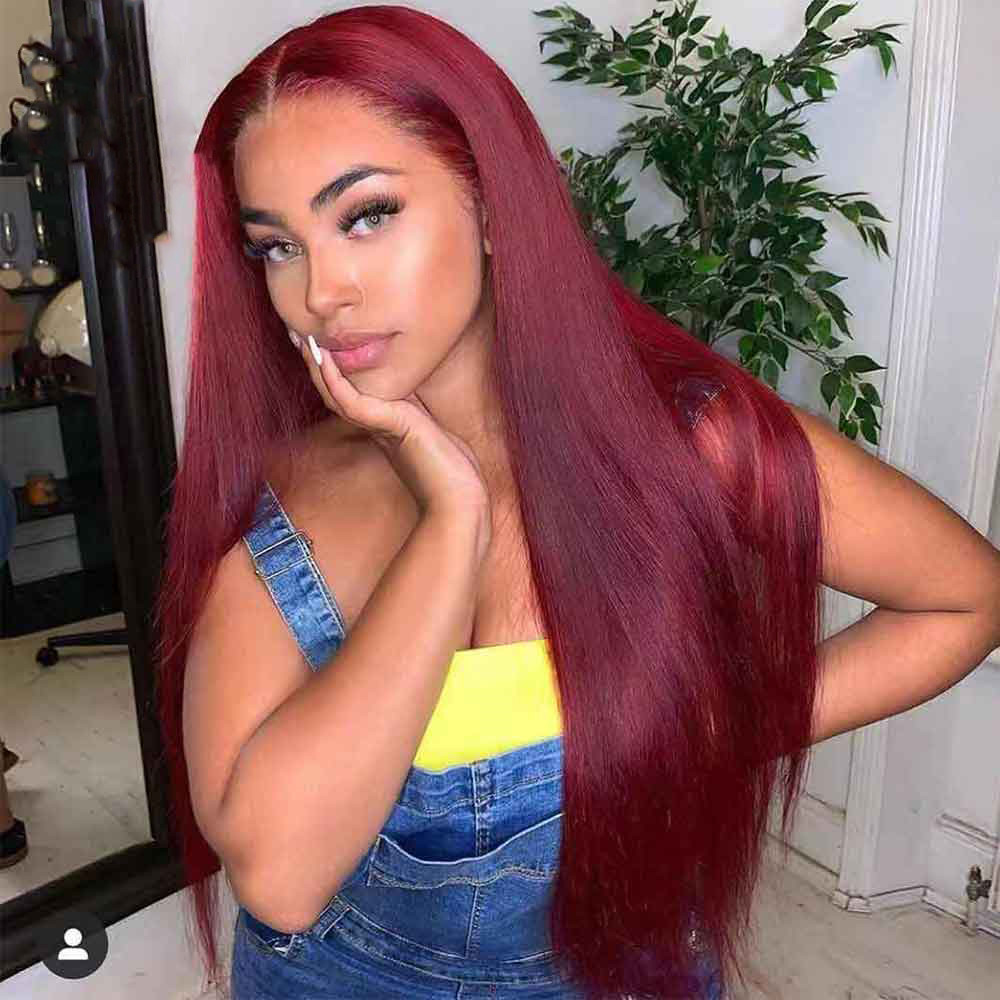 New Burgundy Red Human Hair Wig 13x6 Deep Part Wig Glueless Preplucked with Baby Hair Silk Straight 99J Brazilian Remy Hair