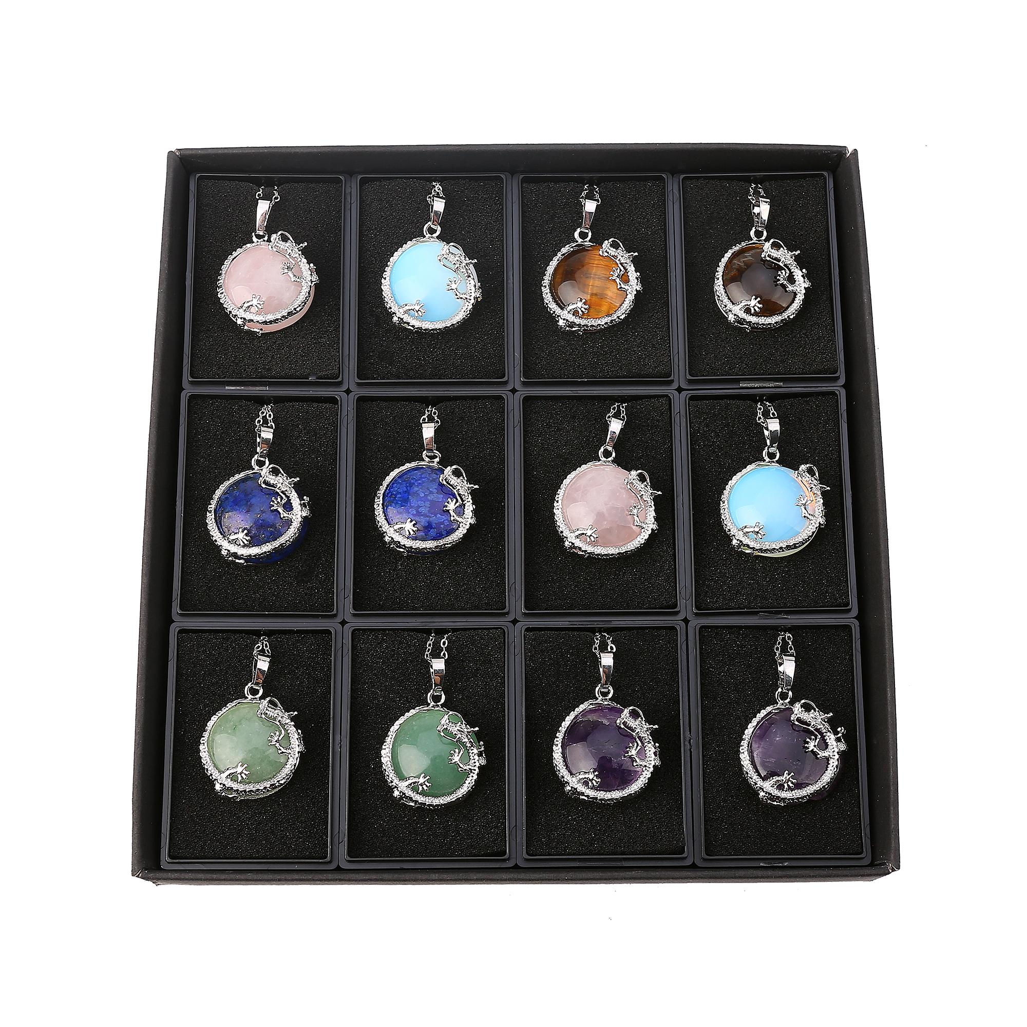 12 random stone alloy plate dragon gemstone pendant men and women necklace stainless steel gift box packaging Easter gift