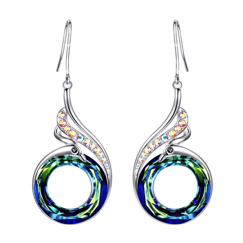 Hot Selling 925 Silver Peacock Stud Earring Womens Gradual Colorful Crystal Dangle Earring Fashion Animal Jewelry Wholesale