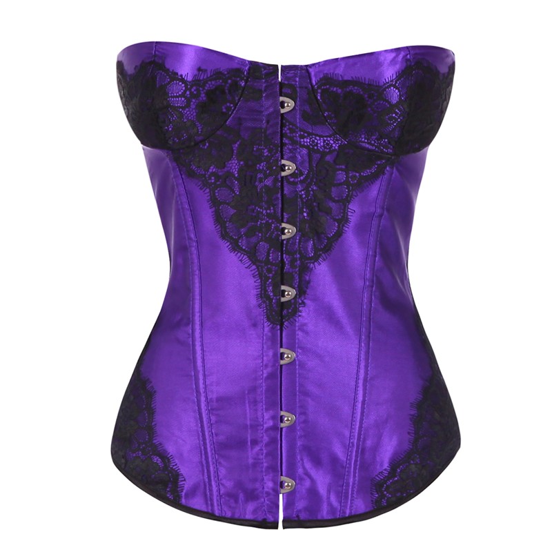 Women's Lace Bustier with Garters Sexy Contrast Eyelash Lace Padded Overbust Satin Corset Fashion Slim Body Waist Cincher Shapewears