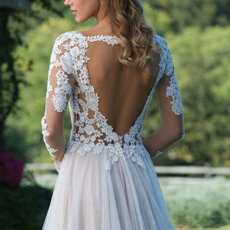 2020 New Country Bohemian Long Sleeve Wedding Dress A Line Sheer Neck Backless With Appliques Floor Length Garden Bridal Gowns Plus Size