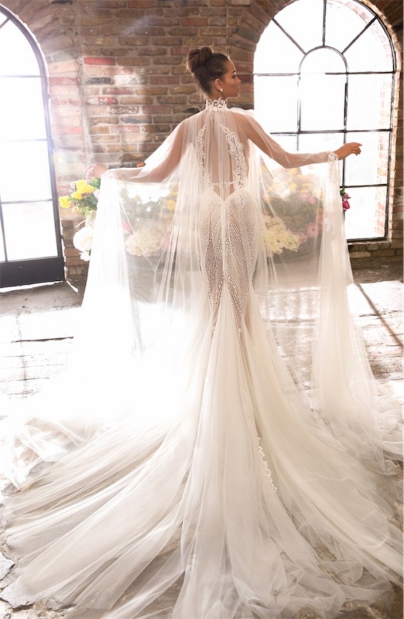 Elihav Sasson 2019 Mermaid Wedding Dresses With Cape Sheer Neck Lace Appliqued Beach Boho Sweep Train Bridal Gowns robe de mariée