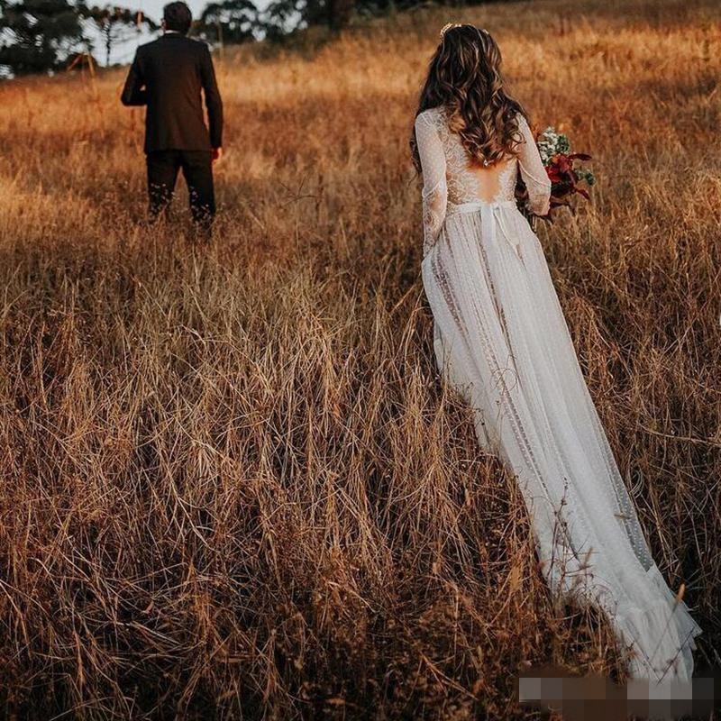 Newest Long Sleeves Dresses Chapel Train Sexy Backless Lace V Neck Custom Made Country Wedding Bridal Gowns Vestido De Novia