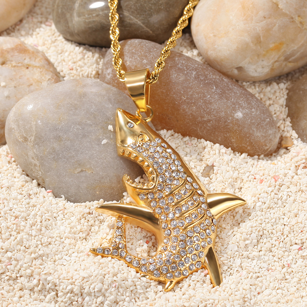 New Fashion Gold Plated Stainless Steel Bling Diamond Mens Shark Pendant Chain Necklace personalized Hip Hop Rapper Jewelry Gifts for Men