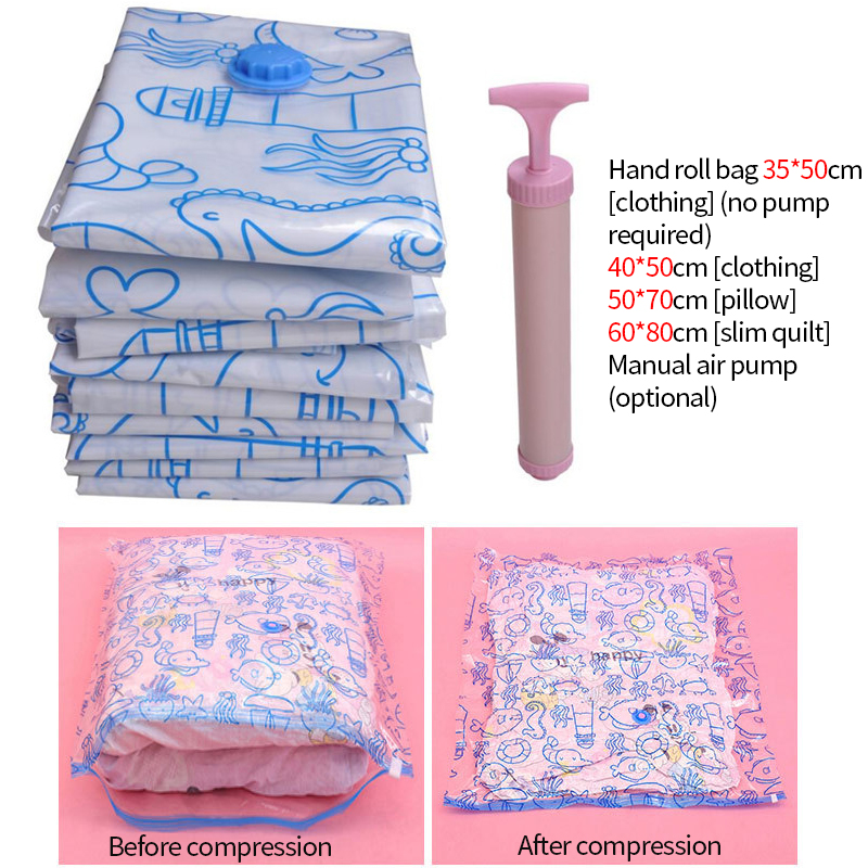 Clothes Storage Bags Clothing Plastic Vacuum Pack Compression Sacks Manual Air Pump Travel Printing Space Save Bag For Luggage