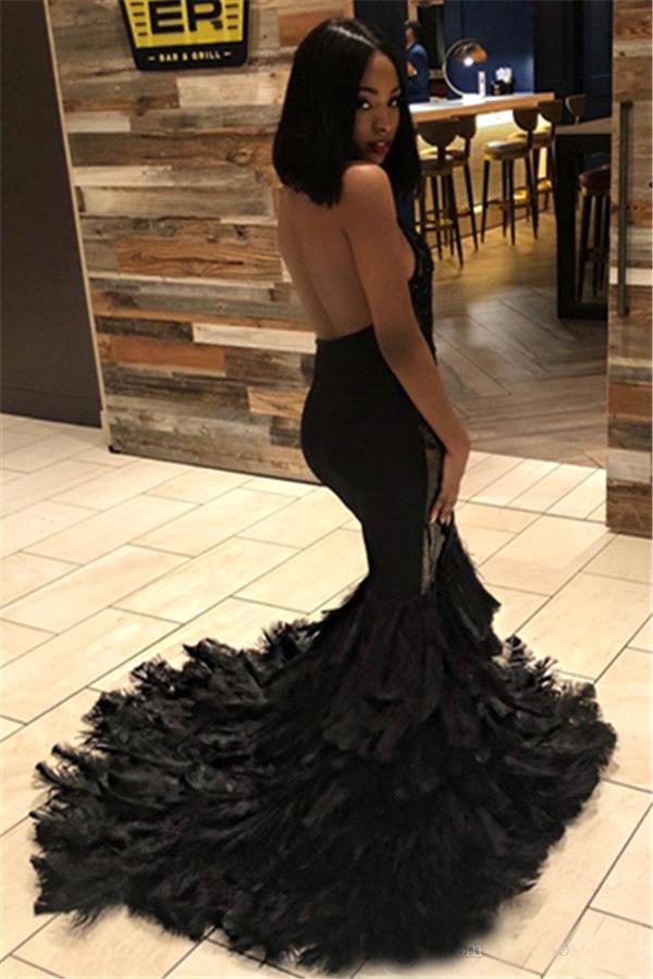 NEW 2020 Illusion Tulle Applique Beaded Feather Layers Sweep Train Formal Party Evening Gowns Black Halter Lace Mermaid Long Prom Dresses