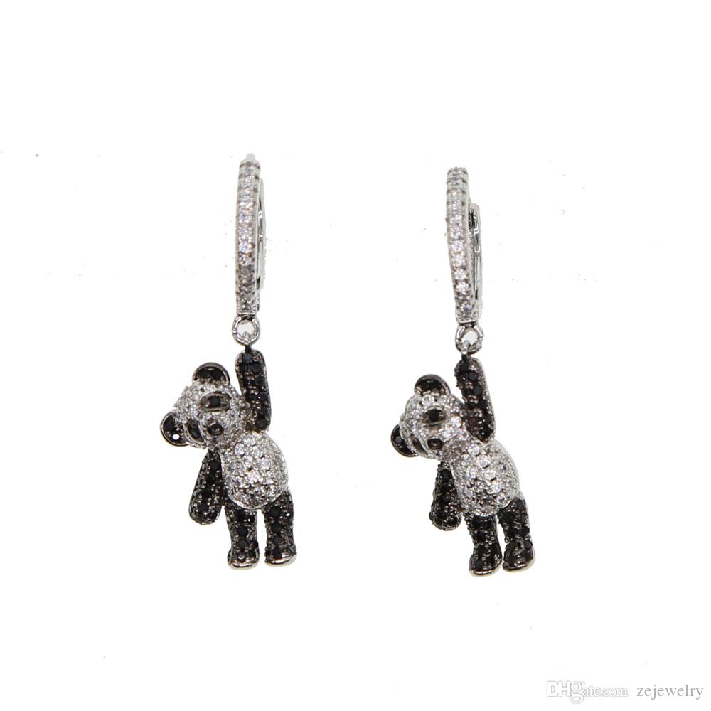 2018 Free shipping Korea New Fashion Cartoon Cute Panda Metal Earring with clear tiny CZ For Women lovely girl Animal earring Luxury Jewelry