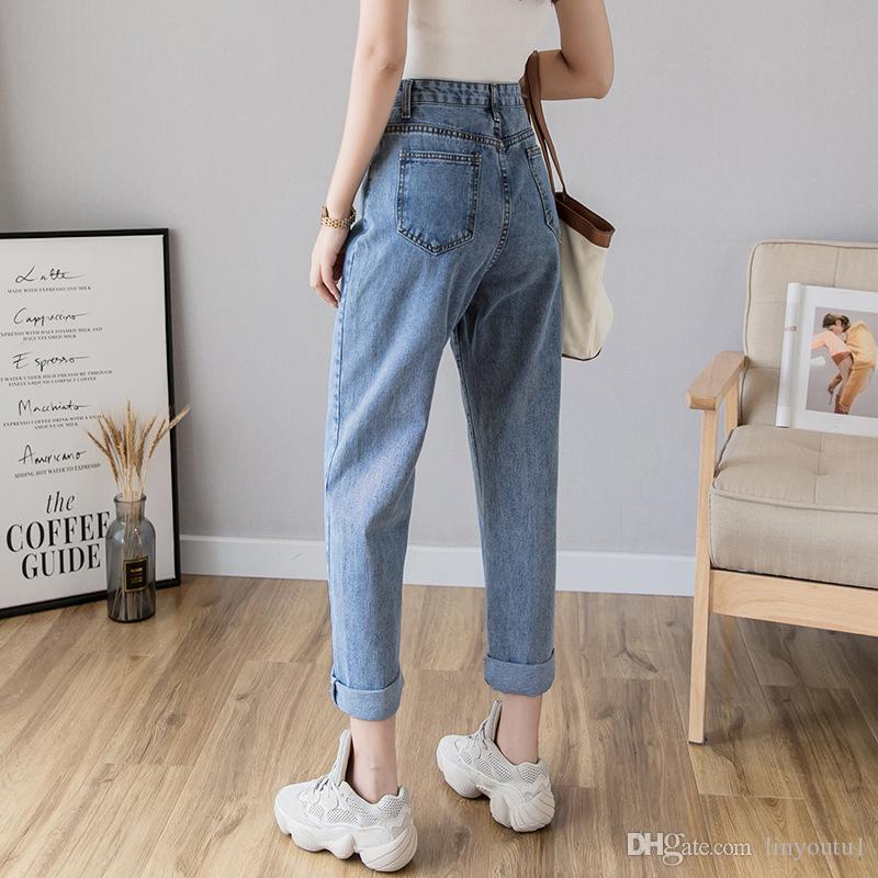 2020 Women`s Plus Size High Waist Washed Light Blue True Denim Pants Boyfriend Jean Femme For Women Jeans