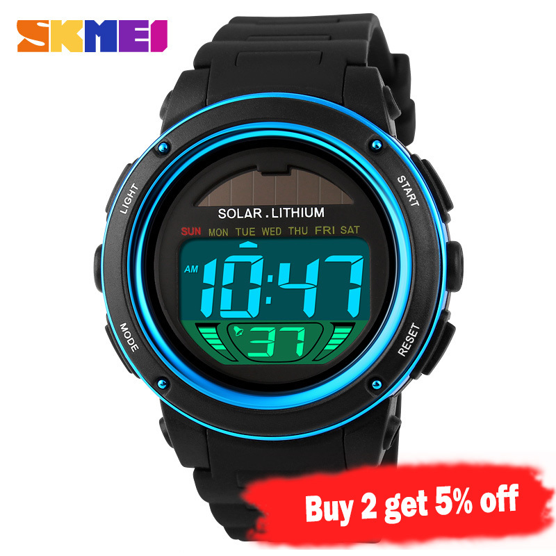 SKMEI Outdoor Sport Watch Men Solar PU Strap Wristwatches Mens Chronograph Alarm 5Bar Waterproof Digital Watch reloj hombre 1096 LY191213