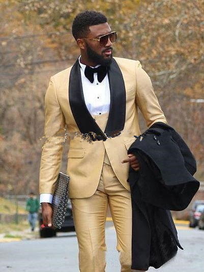 chic gold three pieces mens suits groomsmen wedding tuxedos for men formal blazers shawl lapel leisure suit jacketspantsvests