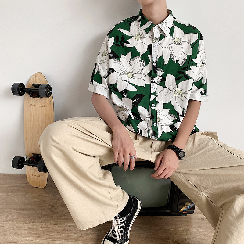 LAPPSTER Men Summer Floral Hawaiian Shirt Short Sleeve Summer Casual Harajuku Korean Style Shirt Vintage Beach Shirt Loose