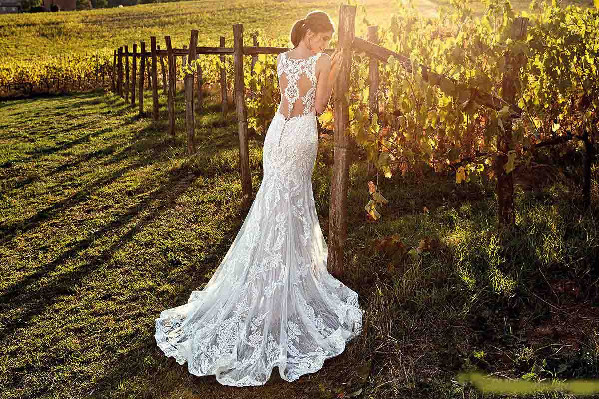 Eddy K 2020 Country Mermaid Wedding Dresses V Neck Lace Sweep Train Bridal Gowns Plus Size Beach Boho Vestido De Novia