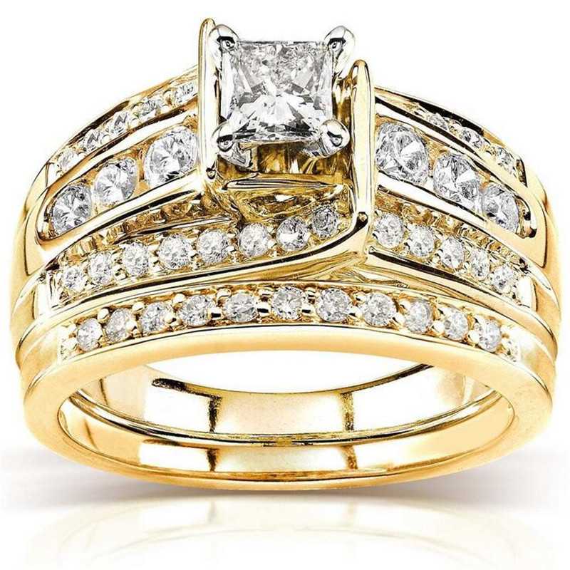 Size 6-10 Vintage Jewelry 925 Sterling Silver&Gold Fill Princess Cut White Topaz CZ Diamond Promise Women Wedding Bridal Ring For Lovers