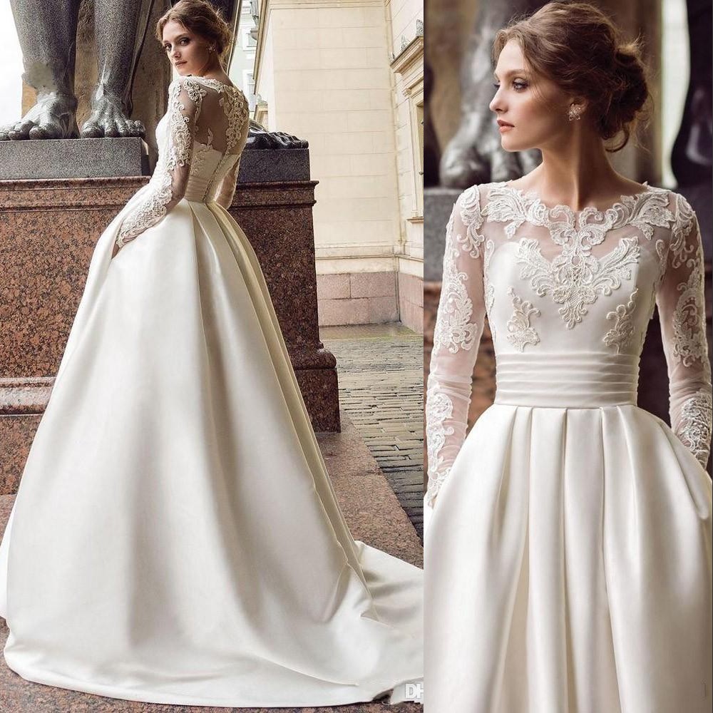 Sexy A Vintage Line Wedding Dresses Jewel Neck Long Sleeves Arabic Lace Appliques Button Back Illusion With Pocket Plus Size Bridal Gowns rabic ppliqu