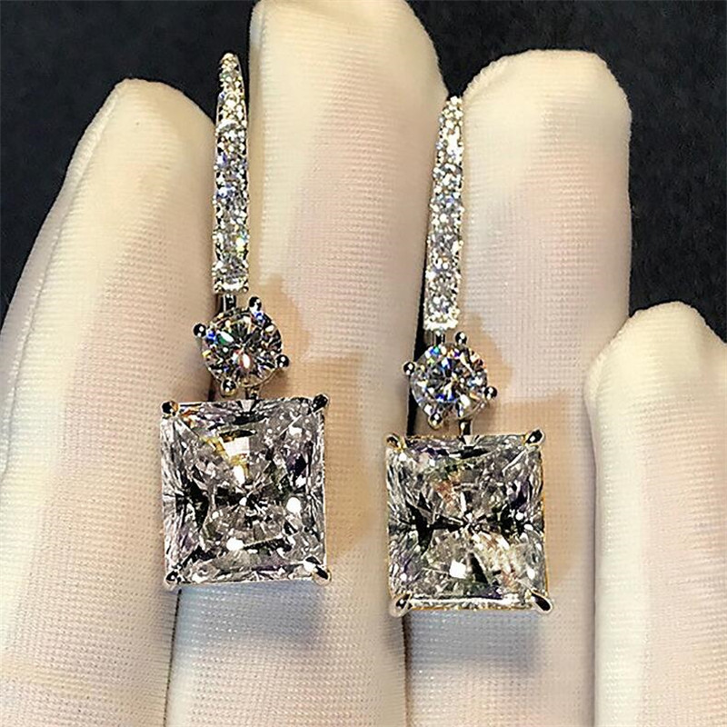 Princess Cut White Topaz Platinum Plated CZ Dia Dangle Sterg Sier Women Bridal Hook Earrings