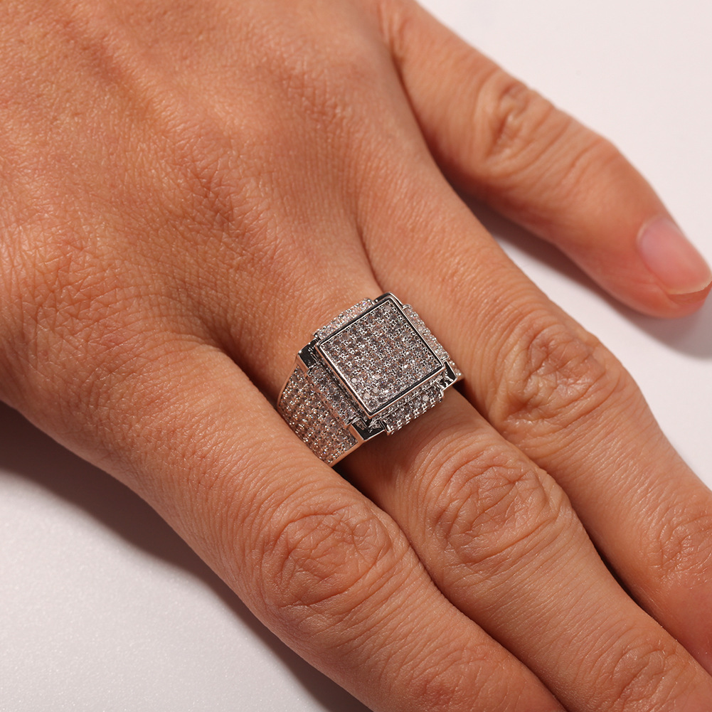 Men's Hip Hop Square Rings 18k Real Gold Plated Bling Cubic Zircon Diamond Finger Ring Jewelry Gift