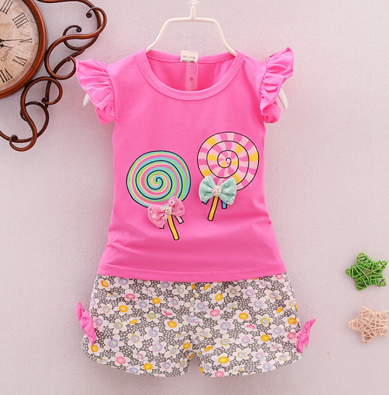 Baby Girls Outfits Lollipop Printed Kids Tops Floral Shorts 2pcs Sets Sweet Girls Clothes Set Fashion Kids Clothing 7 Colors DHW2448