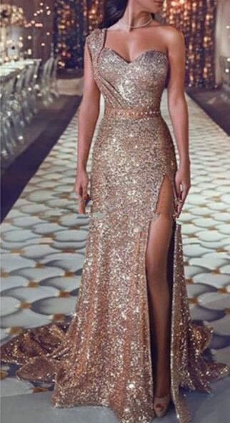 Rose Gold Sparkly Sequins Mermaid Prom Dresses 2019 In Stock Sweetheart Sexy Slit Full length Trumpet Occasion Evening Gowns