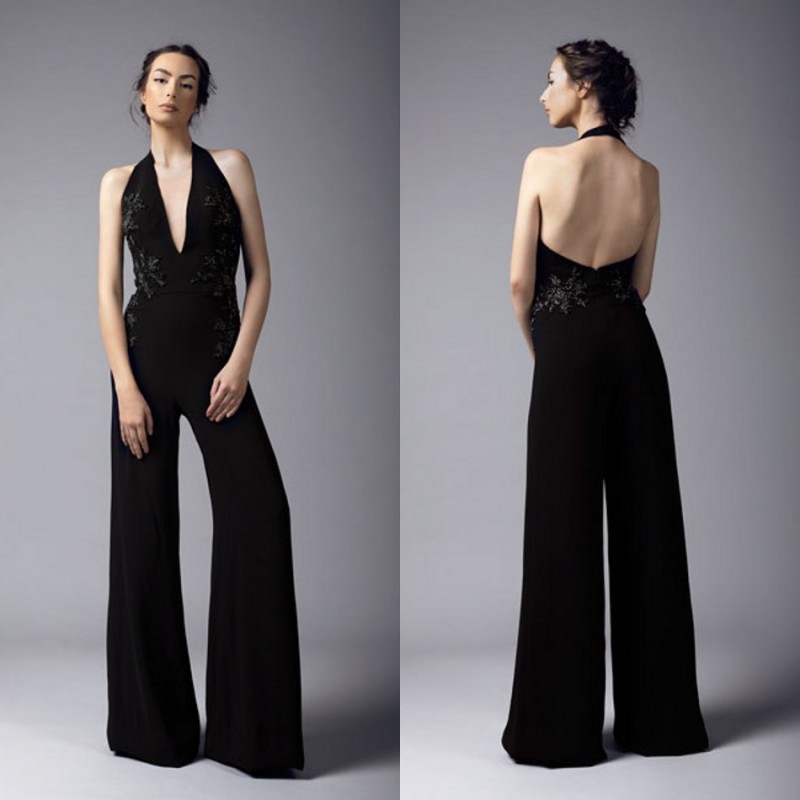 2019 Halter Black Jumpsuit Sexy Backless Embroidery Floor Length Prom Dress Satin Pants Guest Dress Plus Size Evening Gowns Cocktail Party