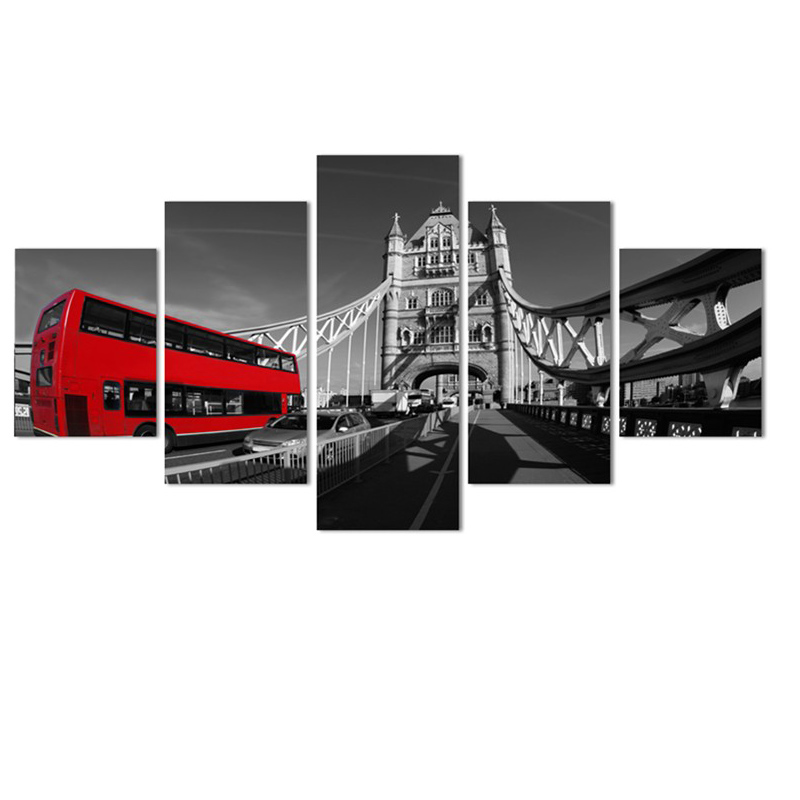

5 Panel Black White Style New Year Gift Diamond Painting Bridge red bus Scenery DIY 5D Full Diamond Embroidery Mosaic