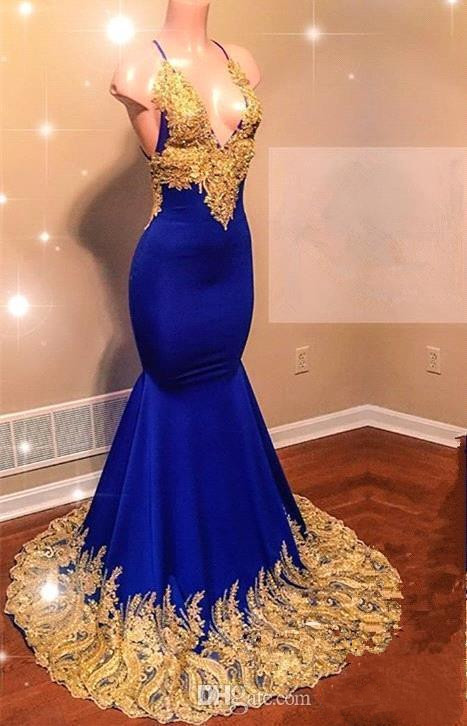 2019 Spaghetti Straps Satin Mermaid Long Prom Dresses Royal Blue Lace Applique Backless Sweep Train Formal Party Wear Evening Gowns