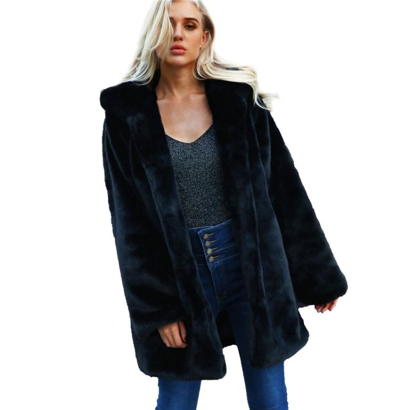 Lanshifei New Design Fall Female Imitation Fur Long Parka Ladies' Winter Faux Fur Coat Warm Black Jacket with Hood for Women