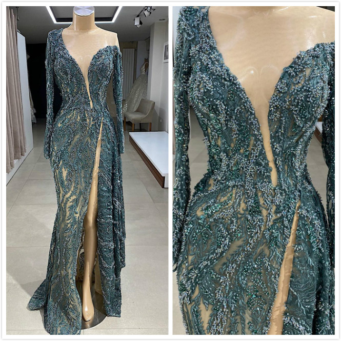 Aso Ebi 2020 Arabic Luxurious Lace Beaded Evening Dresses High Split Prom Dresses Sheer Neck Formal Party Second Reception Gowns ZJ208