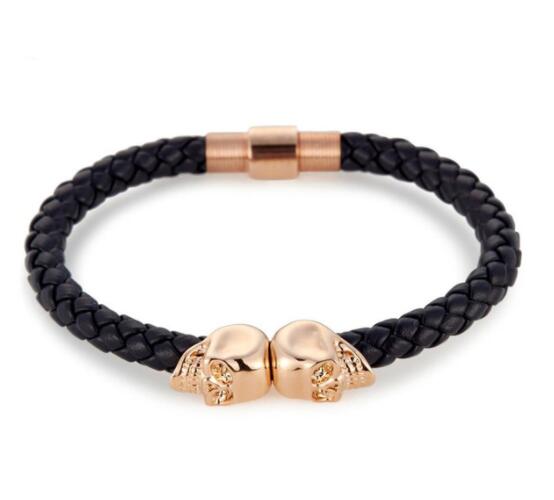 Sell Mens Black Genuine Leather Braided Skull Bracelets Men Women Stainless Steel Gold North Skull Bangle Fashion Jewelry