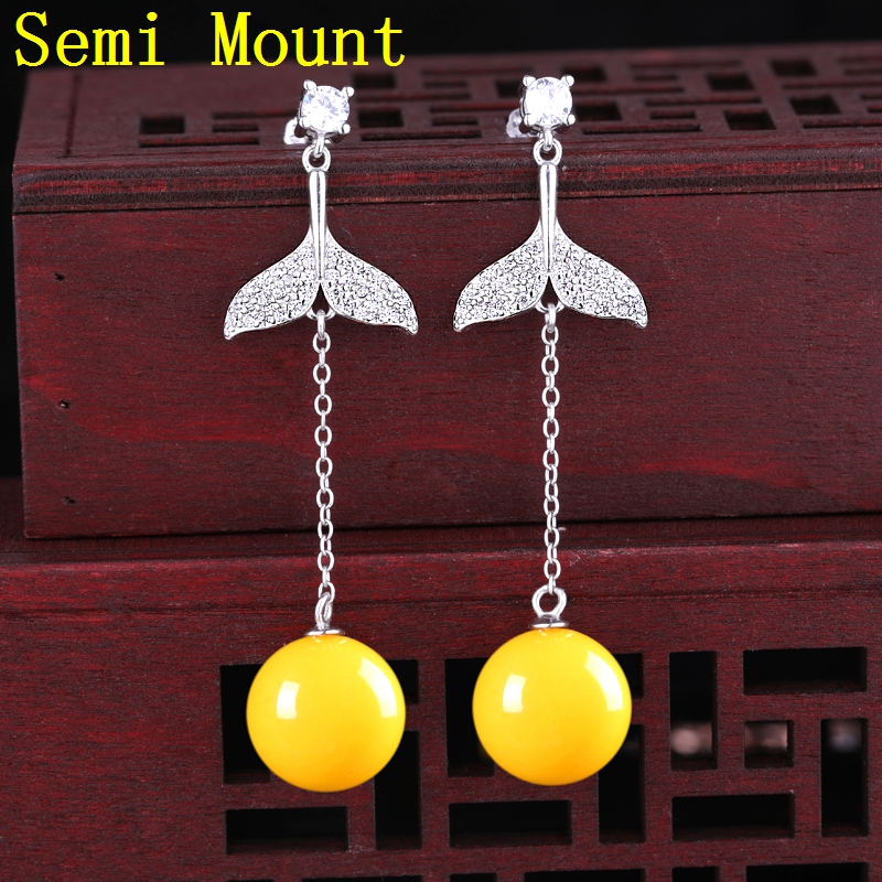 925 Sterling Silver Women Stud Earrings Cubic Zirconia CZ 7-14mm Pearl Round Bead Semi Mount Earrings Wholesale White Gold Color