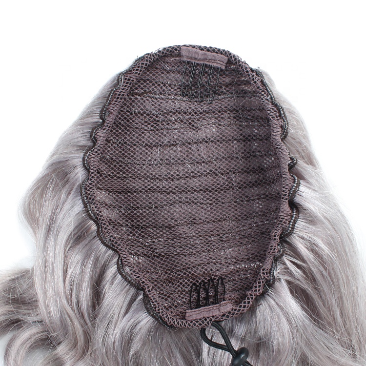 Silver hair ponytail puff updo bun Elegant women extension , Wavy Curly virgin remy clip in gray ponytail drawstring 100g-140g