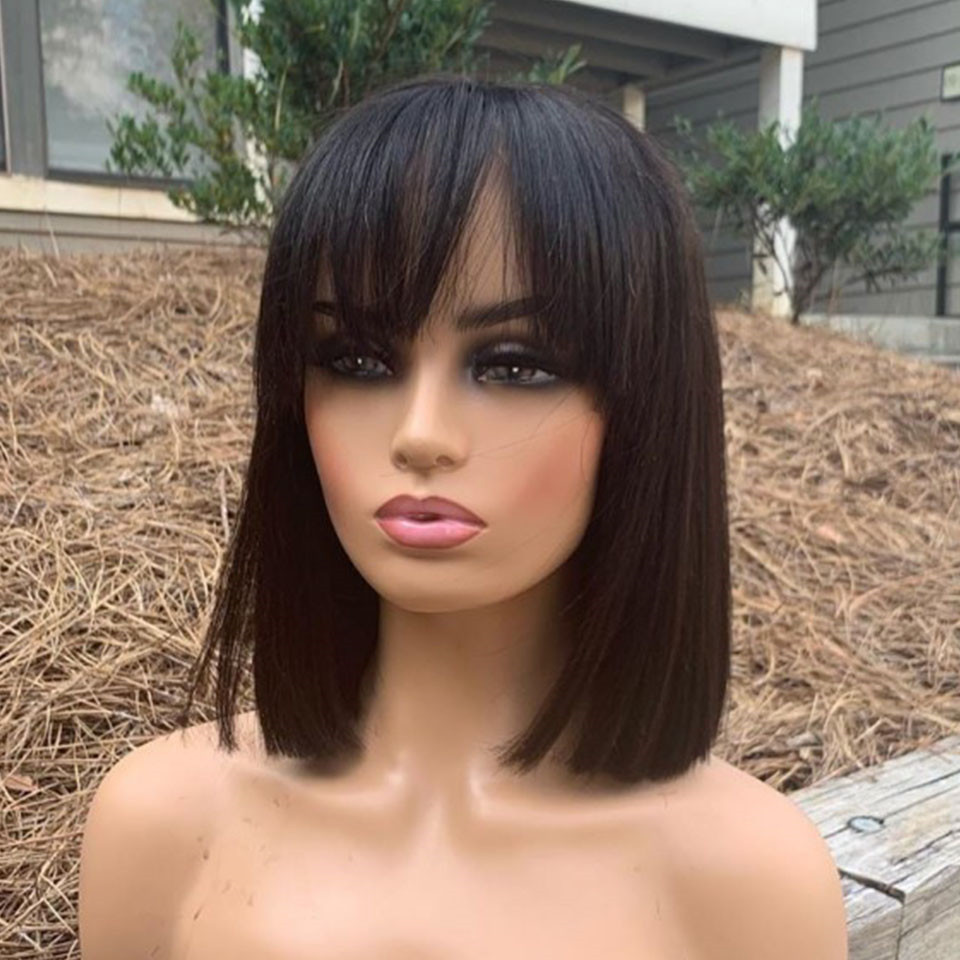 Ishow Short Bob Wigs Loose Body Afro Kinky Curly Peruvian None Lace Wig Straight Human Hair Wigs with Bangs for Women All Ages Natural Color 8-14inch