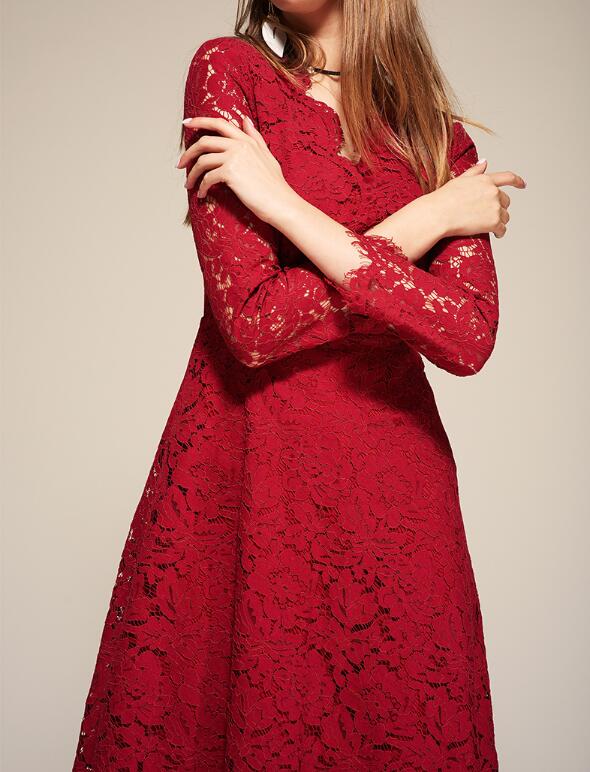 Sexy Dark Red Lace Cocktail Dress Three Quarter Sleeves Zipper Back Lace Party Dress