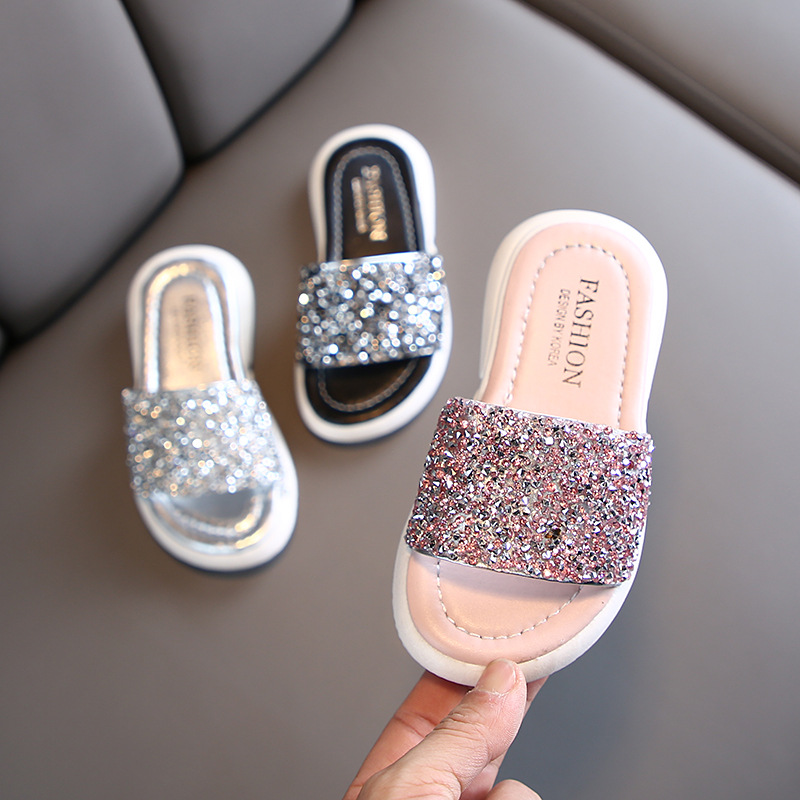 Girls Slippers Kids Shoes Summer Glitter Sequin Slippers Outdoor Children Beach Shoes Princess Sandal Flat Outdoor Flip Flop