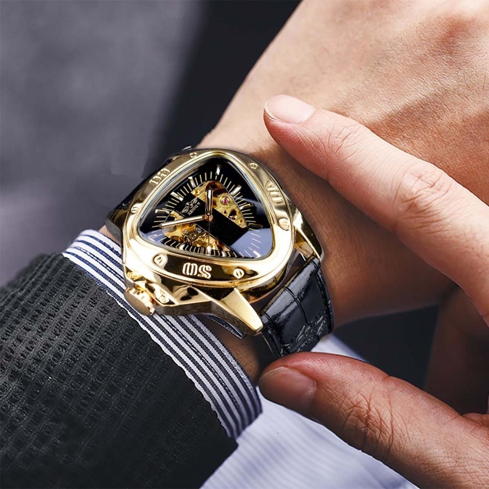 Winner Steampunk Fashion Triangle Golden Skeleton Movement Mysterious Men Automatic Mechanical Wrist Watches Top Brand Luxury CJ191213