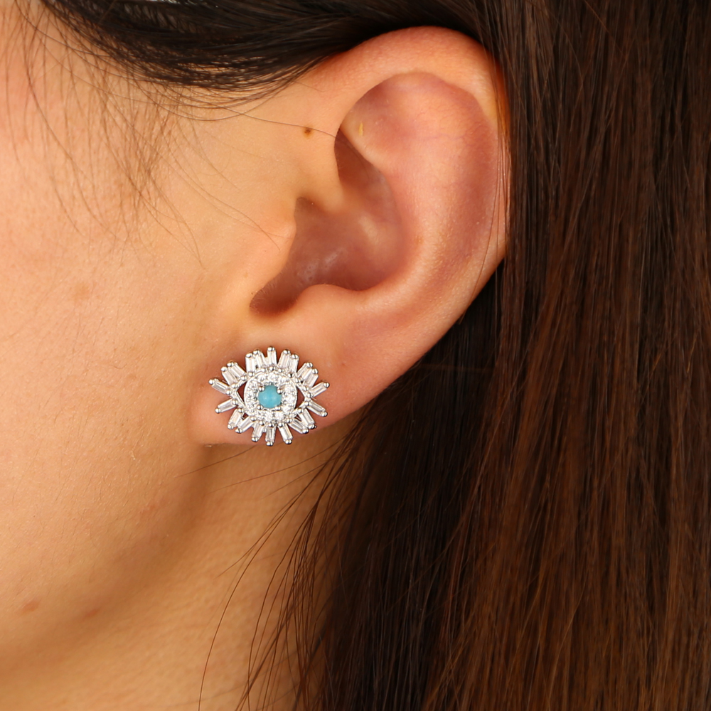 baguette cz firework evil eye stud earring pave cubic zirconia turquoise gemstone elegance gorgeous lucky women jewelry