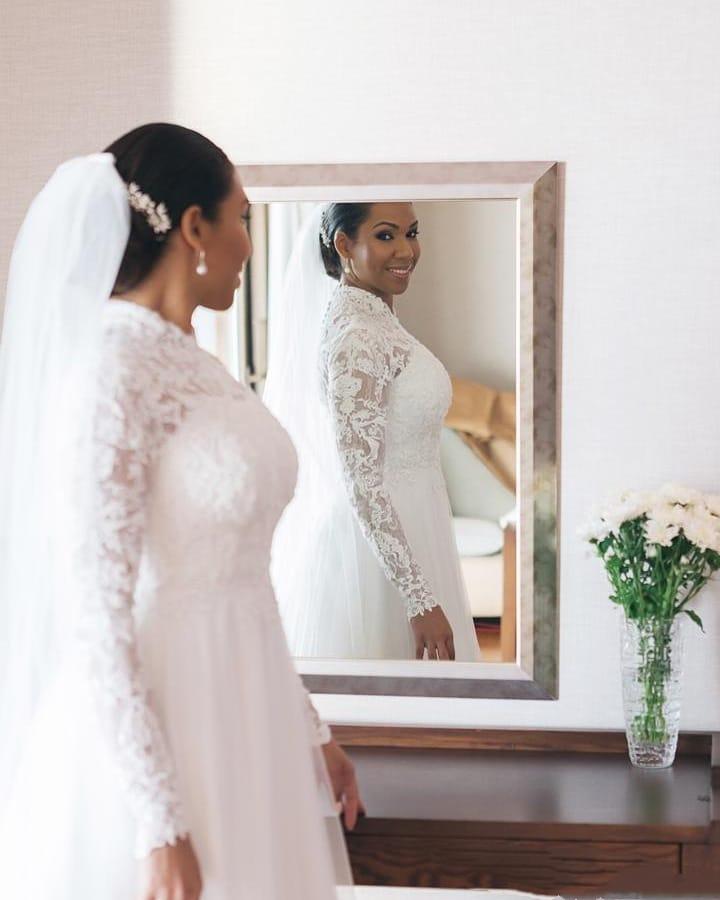 Lace Long Elegant Sleeves Wedding Dresses High Neck Beaded Bridal Gowns A Line Sweep Train Tulle Robe De Marie