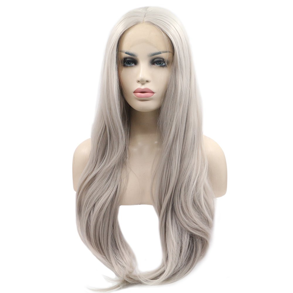 Hotsellling Grey Color long wig 150% High Density Heat Resistant Hair handmade cosplay party Synthetic Lace front wig for Women