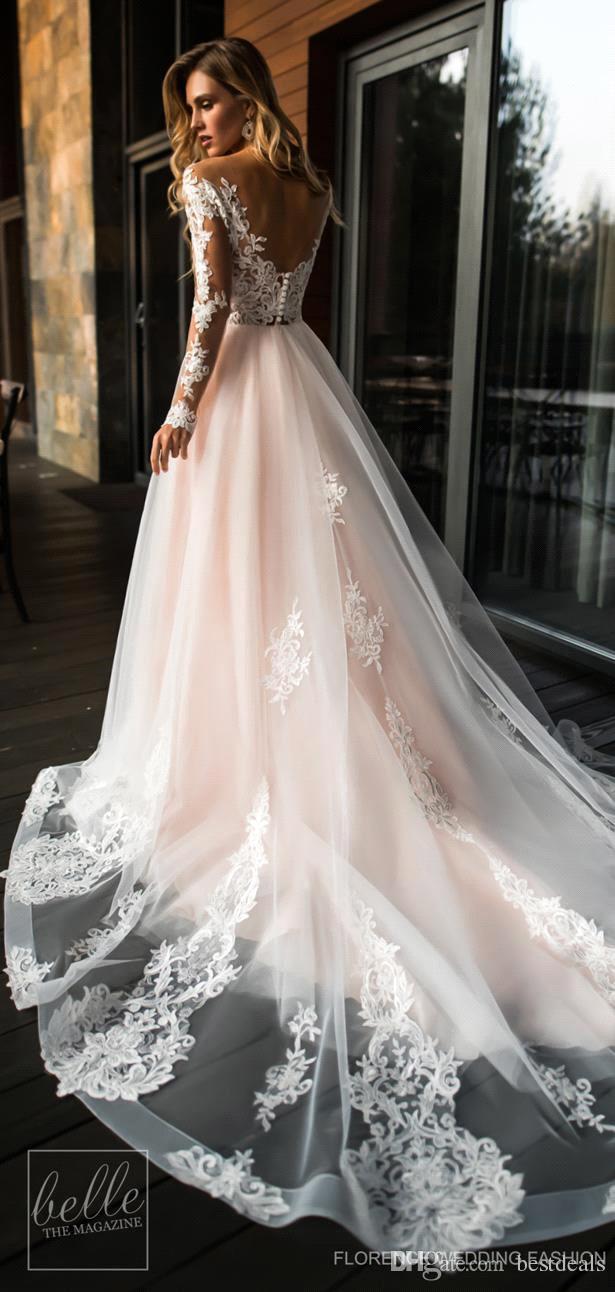 2019 Gorgeous Sheer Long Sleeves Lace Wedding Dresses A Line Tulle Wedding Bridal Gowns Summer Beach Cheap Custom Made BC1438