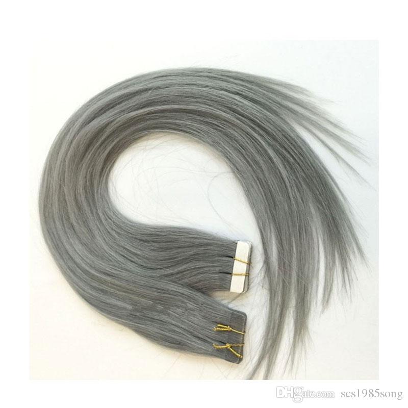 pu gray brazialian tape in hair human hair extension silky straight 100 remy skin weft hair 60 platinum blonde party style free