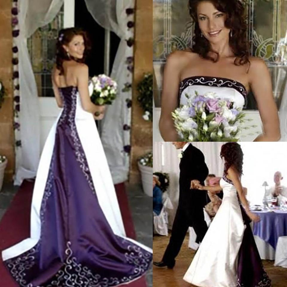 2020 Vintage White and Purple Wedding Dresses With Embroidery Lace A-Line Strapless Lace up Back Chapel Train Bridal Gowns, Daffodil
2020 Vintage White and Purple Wedding Dresses With Embroidery Lace A-Line Strapless Lace up Back Chapel Train Bridal Gowns, Daffodil