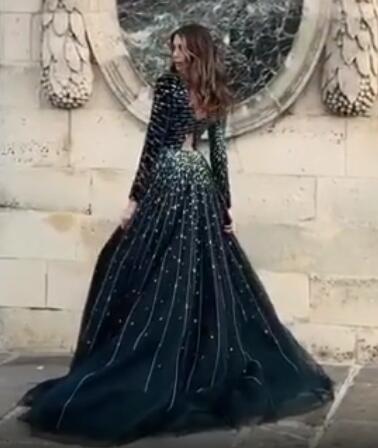 2020 Arabic Aso Ebi Luxurious Dark Green Evening Dresses Beaded Crystals Prom Dresses Long Sleeves Formal Party Second Reception Gowns ZJ222