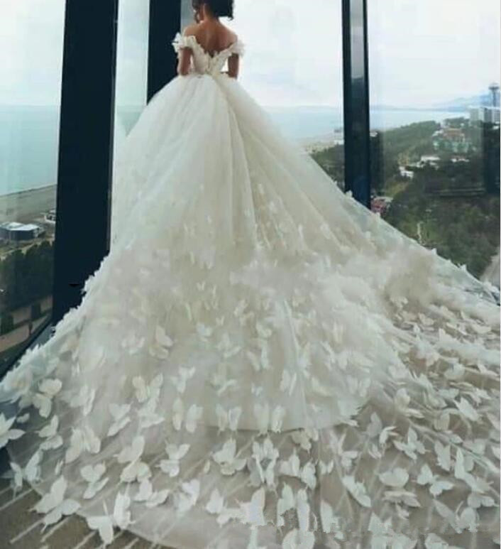 cathedral train princess wedding dresses off shoulder butterfly 3d floral lace beach garden bride wedding gown vestido de n